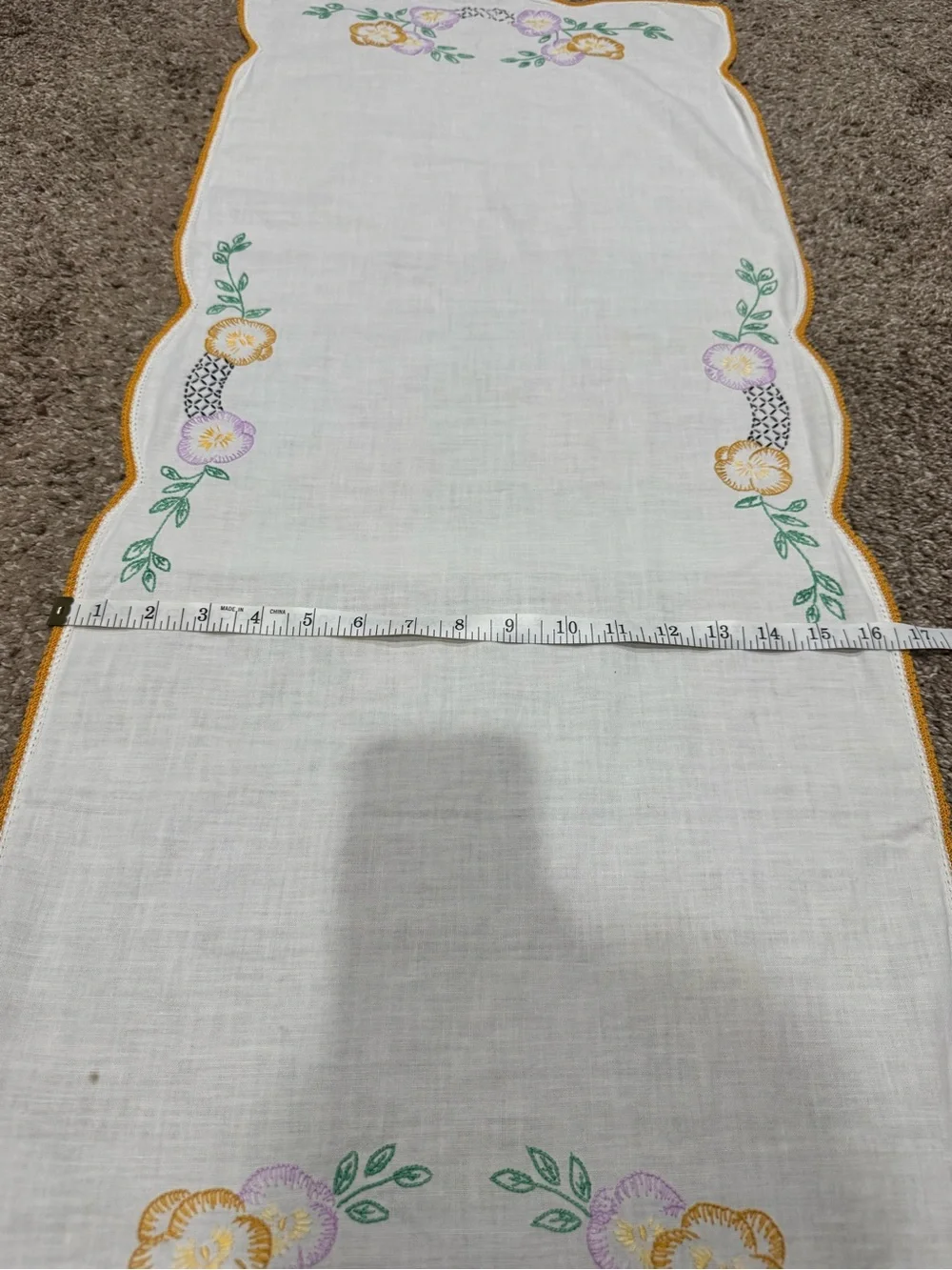 Vintage Embroidered Floral Dresser Scarf Table Runner Crochet Trim 40x17